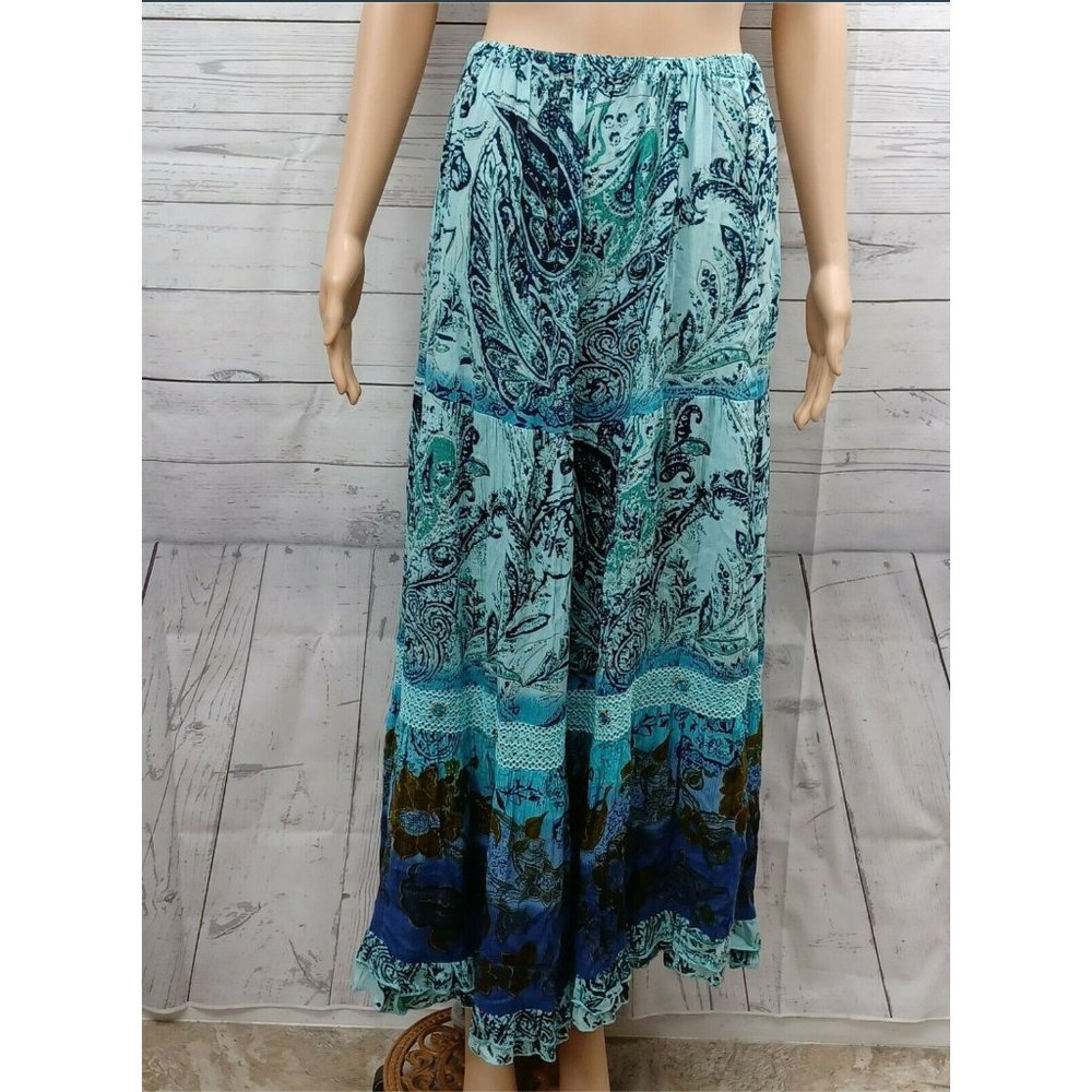 Forbidden Vintage Floral Boho Turquoise Beaded Elastic Waist Maxi Skirt - L